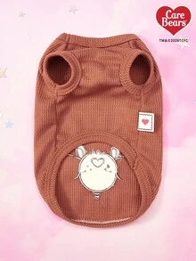 Care Bears X PETSIN 一件猫/狗通用服装，带立体耳朵，可爱小熊棕色华夫格背心，春夏轻薄透气宠物服装，带抽绳扣 - 棕色 - 查看 7