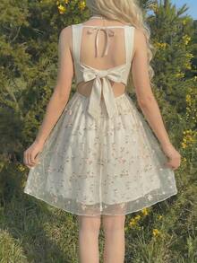 SHEIN 少女休閒優雅網紗刺繡蝴蝶結裝飾A字公主洋裝，返校季白色復古茶會粉色花卉，夏季端莊野餐裙 - 白色 - 查看 7