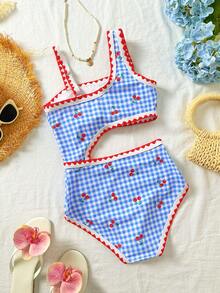 SHEIN Traje de baño de una pieza con estampado de cuadros y cerezas para adolescentes, adecuado para vacaciones en la playa, fiestas en la piscina y fiestas en la playa - Multicolor - Ver 2