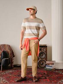 VeloEdit Khaki Herren-Jeans mit schrägen Taschen, einfarbig, schlicht, Slim Fit, gewaschen, Cargo-Denim, für Ausgehen, Urlaub, Pendeln und Arbeit, urbaner Chino-Stil, Old Money, mit Reißverschluss - Khaki - Übersicht 3