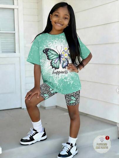 Bộ áo thun ngắn tay cổ tròn in hình bướm cho bé gái, thích hợp mặc mùa hè.