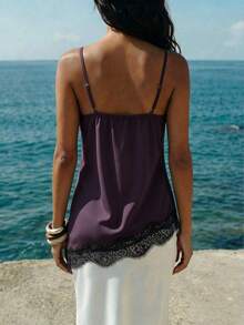 Nevyona Women's Lace Patchwork Asymmetrical Camisole, Sexy & Sleeveless, Spring/Summer - Purple - View 2