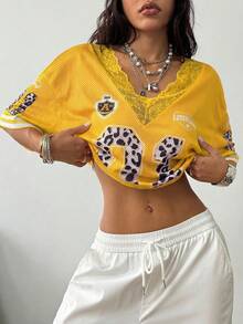 Coolane Women's Summer Sportswear Basic Y2K Number Pattern Contrast Lace V-Neck Jersey Over Size T-Shirt,Summer Top - Yellow - View 4