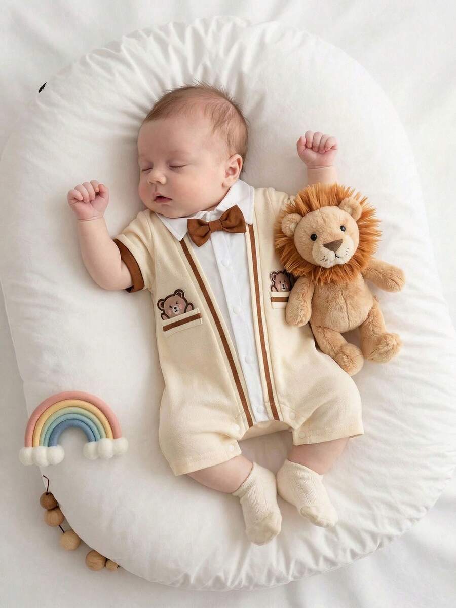 Bộ áo liền quần hình gấu dễ thương cho bé trai sơ sinh/trẻ nhỏ, thích hợp mặc hàng ngày hoặc đi chơi. - Màu be - Xem 1