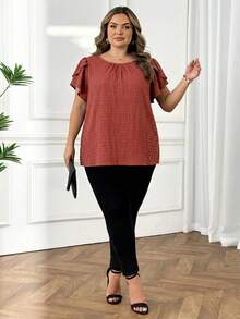 SHEIN CURVE+ 大码女式早春蓝色花瓣袖衬衫 - 鏽棕色 - 查看 3