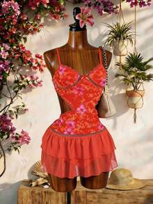 Lyxana Women's Floral Print Spaghetti Strap Ruffle Waist Dress, Vacation Style Beach Vacation Red Floral Summer Sexy - Orange - View 5