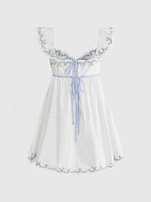 ROMWE Avant Vestido mini con mangas cortas y bordado floral de estilo francés de vacaciones de primavera/verano para mujeres - Multicolor - Ver 2