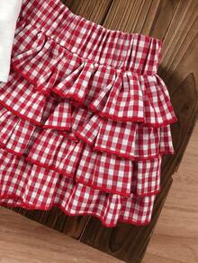 SHEIN LMoss Kids 2pcs Young Girl Knitted Solid Color Round Neck T-Shirt And Plaid Ruffle Hem Shorts Set - Multicolor - View 5