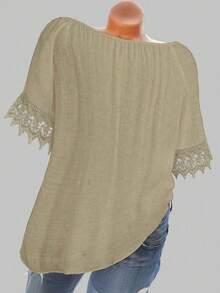 SHEIN LUNE Áo kiểu nữ cỡ lớn cổ nơ, phối bèo nhún, tay ngắn, thời trang, thanh lịch, gợi cảm, tinh tế, hở vai, thích hợp mặc mùa hè. - Màu Khaki - Xem 2