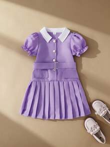 SHEIN 1pc Girls' Baby Purple Summer Family Matching Back-To-School Stripe Collared Waist-Cinched Mid-Length Short Sleeve Pleated Dress With Waist Belt - Purple - View 2