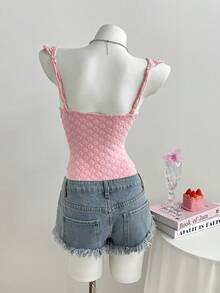 Elamini Women's Sweet Floral Flocked Ruffle Trim Bodysuit, Summer - Pink - View 2