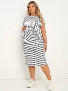 SHEIN Maternity Plus Size Striped Round Neck Short Sleeve Side Knot Casual Dress Summer Dresses Work Outfits - Black and White - View 8