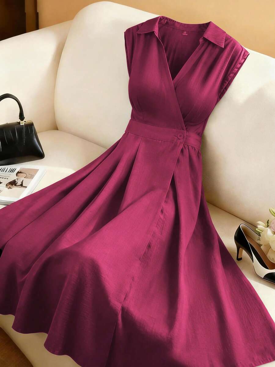 Franclia 女士单竹结亚麻衬衫领，腰部褶裥，A字下摆，宽松长裙，军绿色，优雅复古法式风格，适合办公室通勤、商务休闲、海滩度假、街头风等多种场合，简约百搭，春夏新款 - 中紫紅色 - 查看 1