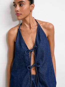 Maija Bộ đồ nữ màu trơn gồm áo hai dây hở lưng và quần short denim, kiểu dáng thường ngày. - Rửa tối - Xem 3