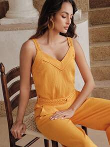 Anewsta Trang phục đi nghỉ hè mới dành cho nữ, kiểu dáng giản dị, thoải mái theo phong cách Pháp, áo tank top cổ chữ V móc len thủ công với dây đeo mảnh. - Màu vàng - Xem 5