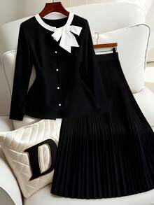 GlowEve CURVE Plus Size Elegant Commuter Bow Decor Shirt & Pleated Skirt 2-Piece Set - White - View 5
