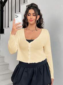SHEIN EZwear 大码女式芥末黄长袖单排扣T恤 - 鵝黃色 - 查看 5