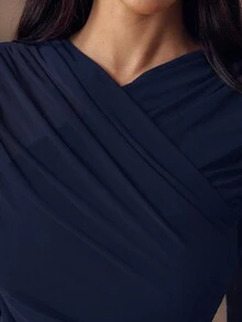 SHEIN BAE Áo thun nữ dài tay cổ chữ V xếp ly màu trơn, ôm dáng. - Màu xanh hải quân - Xem 6