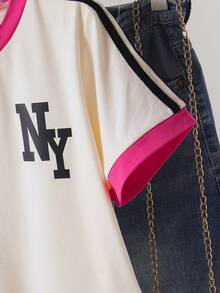 SHEIN Vintaside Kids 少女字母条纹短袖休闲时尚T恤 - 杏色 - 查看 4