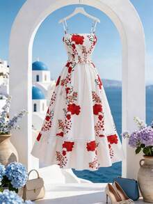 xheGlowEve Vestido de línea A con estampado floral, cintura con lazo y dobladillo con volantes, encantador, elegante, dulce y apropiado para uso diario, vacaciones, viajes, citas, estilo callejero francés retro y versátil para primavera y verano, en color melocotón claro y estampado floral rojo. xhe - Multicolor - Ver 9