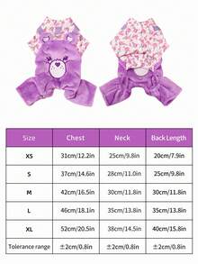 Care Bears X PETSIN 1件宠物服装，绣有紫色心形泰迪熊图案，适合秋冬季节穿着，加厚保暖的四脚连体衣，带D形环牵引带，猫狗通用。 - 紫色 - 查看 3