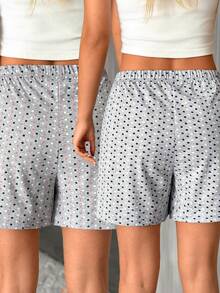 SHEIN 2 Pcs Multipack Cottonline Pointelle Multicolor Patterned Elastic Waist Comfort Relaxed Casual Sleep Shorts 2 Pcs Set - Multicolor - View 2