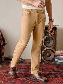 VeloEdit Khaki Herren-Jeans mit schrägen Taschen, einfarbig, schlicht, Slim Fit, gewaschen, Cargo-Denim, für Ausgehen, Urlaub, Pendeln und Arbeit, urbaner Chino-Stil, Old Money, mit Reißverschluss - Khaki - Übersicht 5