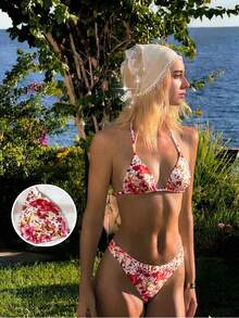 Swim Mod 2026春夏女式吊带露背黑色底白色波点随机印花甜美可爱侧高衩泳裤两件式比基尼泳装 - 彩色 - 查看 1