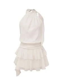 NOVVYNE 女士性感优雅露背无袖雪纺层叠荷叶边高腰褶皱飘逸迷你连衣裙，适合外出派对、休闲办公等场合，杏色连衣裙 - 杏色 - 查看 5