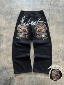 STEELVANCE Jeans casuales de pierna recta holgados con estampado de bigotes de gato y letras de animales en estilo vintage desgastado, versátil para uso urbano - Negro - Ver 1