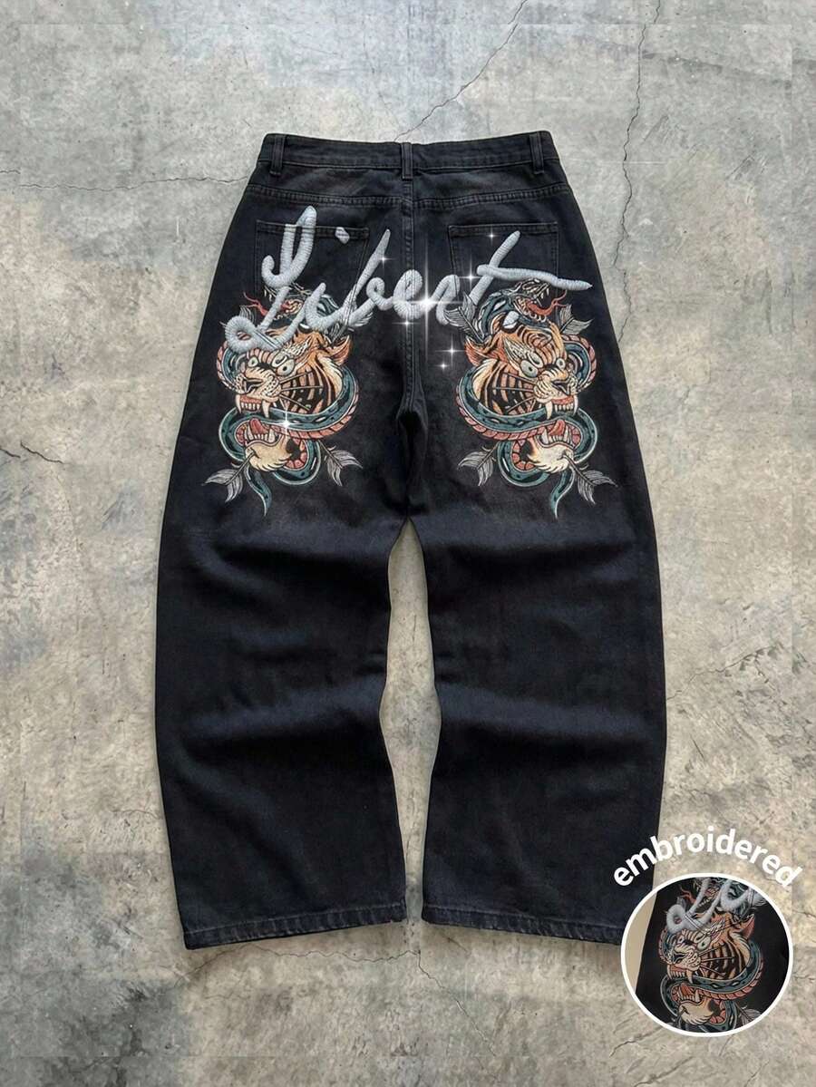 STEELVANCE Jeans casuales de pierna recta holgados con estampado de bigotes de gato y letras de animales en estilo vintage desgastado, versátil para uso urbano - Negro - Ver 1