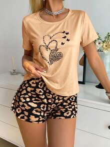 SHEIN 女士豹纹爱心休闲短袖短裤睡衣套装 - 卡其色 - 查看 5