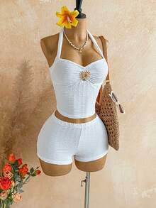 Soleia 女士纯色露背金属装饰上衣和短裤时尚度假套装 - 白色 - 查看 3