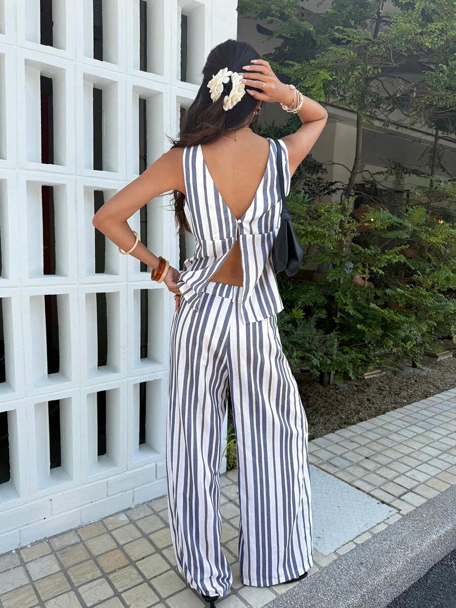 SHEIN Frenchy Women's Blue And White Stripe 2 Pieces Set,Elegant V-Neck Sleeveless Top & Wide Leg Pants,Summer Casual Vacation Holiday Trousers Two Piece Set - Dark Grey - View 1