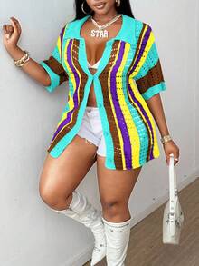 Maweii Women's Light Yellow Knitted Cardigan,Half-Sleeve Button Semi-Transparent Summer Boho Vacation Holiday Top, Party Milkmaid Festival Rave Outfits - Multicolor - View 3