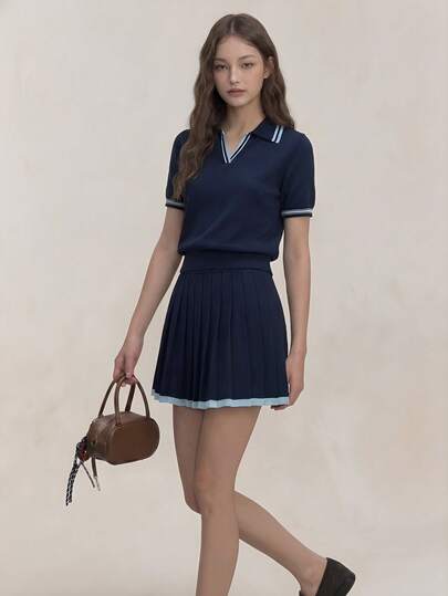 Muvela Áo thun cổ polo ôm dáng màu xanh hải quân với viền tương phản, đa năng, phù hợp cho nhiều dịp: cổ điển, học đường, công sở, trang trọng, thường ngày, lãng mạn, retro thập niên 90, tiệc tùng, đám cưới, mặc hàng ngày.