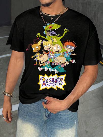 Nick 90s | SHEIN Áo thun nam tay ngắn dáng rộng in hình hoạt hình, phong cách thường ngày.