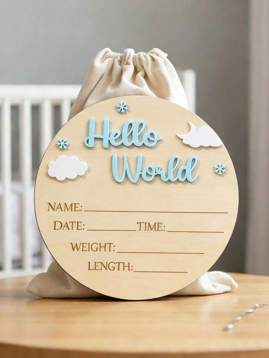 SHEIN Beige Autumn Cute Unisex Photoshoot Baby Name Announcement Sign For Hospital Hello World Newborn Wood Discs Milestone Card Photo Prop Shower Gift - Blue - View 1