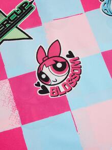 PopScrub THE POWERPUFF GIRLS X SHEIN 女士粉蓝格子印花V领工作服上衣，卡通IP联名款 - 彩色 - 查看 6