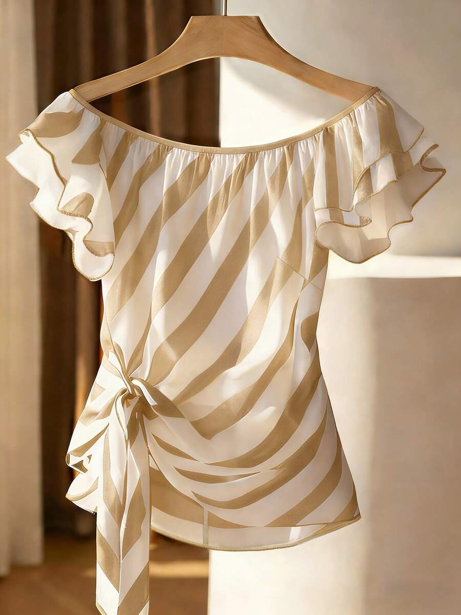 Franclia Plus Size French Style Off-Shoulder Ruffle Trim Striped Blouse - Khaki - View 1