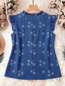 EMERY ROSE Plus Size V-Neck Sleeveless Frill Trim Faux Embroidered Blouse - Blue - View 2