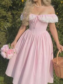 SHEIN MOD 大码女士露肩蕾丝拼接粉色浪漫连衣裙，适合情人节、婚礼、优雅场合，可作为婚礼宾客礼服、春夏装、下午茶派对装、田园风连衣裙、节日、生日、节日下午茶派对礼服、生日礼服、优雅连衣裙、度假装、粉色连衣裙、修身款、粉色下午茶派对礼服、花园派对正式礼服、长款粉色连衣裙 - 粉色 - 查看 1