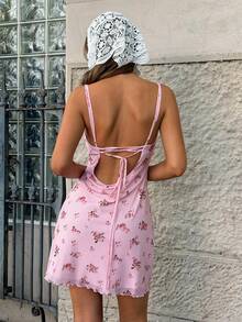 MainGRL Đầm ngắn hai dây in hoa dành cho nữ, kiểu dáng đi nghỉ mát. - Hồng - Xem 2