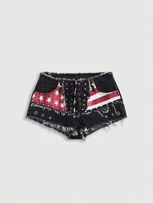 ROMWE Street Life Spring/Summer Women's Y2K Sexy Baddie Punk Rivet Decor Flag Print Frayed Hem Super Low Waist Denim Micro Shorts Independence Day Swimming Pastal - Black - View 5