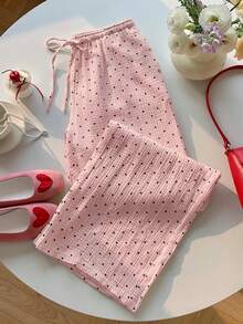 SHEIN EZwear Women's Casual Vacation & Commute Polka Dot Print Drawstring Waist Loose Wide Leg Pants - Baby Pink - View 7