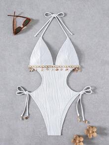 Swim Vcay Women's Solid Color Wavy Pattern Spaghetti Strap Backless Seashell Chain Decor One-Piece Swimsuit - White - View 3