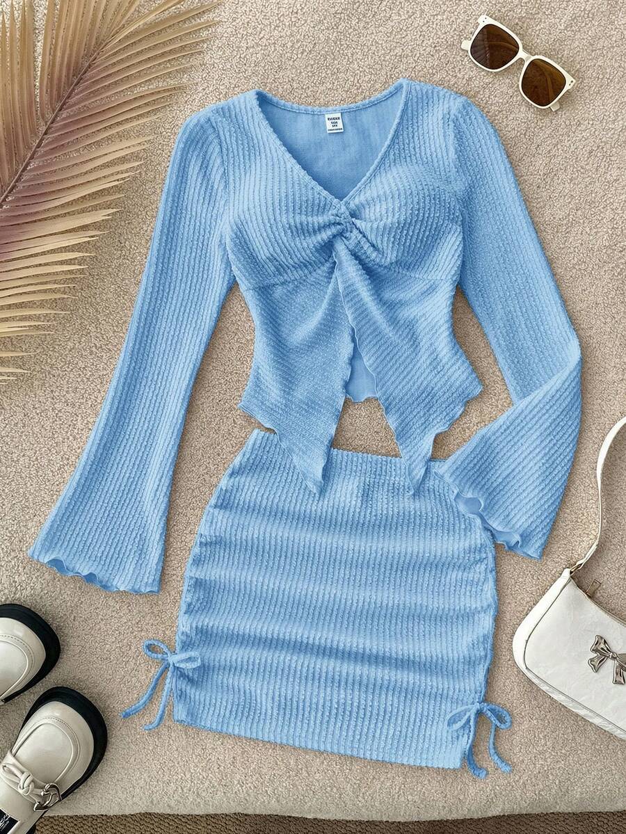 Teen Girl Loose Casual Minimalist Comfortable Asymmetric Hem Long Sleeve Top And Skirt 2 Pieces Set - Baby Blue - View 1