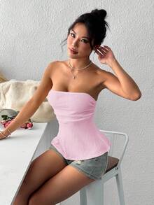 SHEIN EZwear Light Pink Knitted Camisole For Women - Baby Pink - View 3