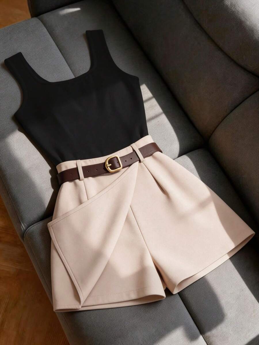 SHEIN Franclia 女士纯黑色T恤吊带背心上衣搭配阔腿裤/半裙，配腰带，休闲优雅套装，适合办公室、度假、日常穿着，春夏季节皆宜。 - 彩色 - 查看 1