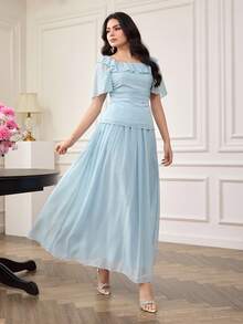 Modelyn Bộ đồ 2 món dành cho nữ: Áo kiểu cổ vuông tay bồng và chân váy voan màu xanh nhạt, thích hợp cho mùa xuân/hè. - Màu xanh lam - Xem 5